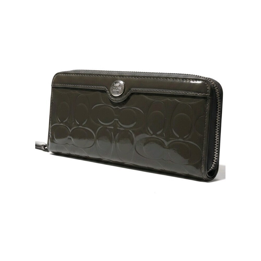 COACH Patent Leather Signature Zip Around Wallet Olive Green Brown Rare